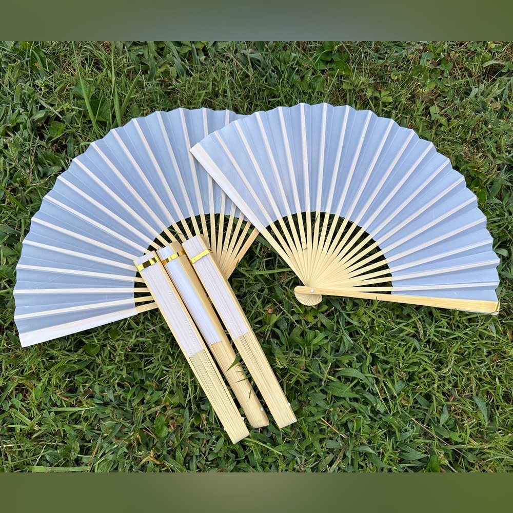 5 White Silk Fans for Wedding Favors